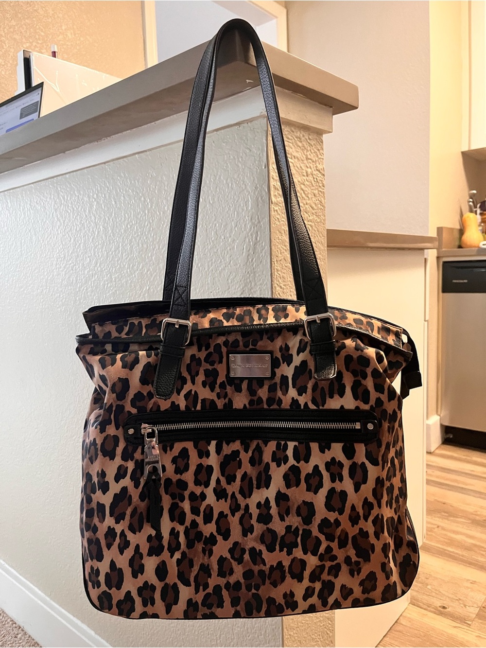 DANA BUCHMAN Leopard Print Tote Bag with LEATHER Straps AND TRIM ACCENTS